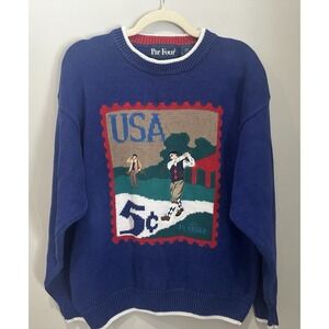 Vtg Par Four 90s Golf USA Postage  Stamp  Knit Sweater Large Blue Heavy Pullover